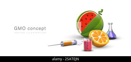 GVO-Konzept. Experiment mit Gemüse und Früchten. Farbige realistische Illustration im Cartoon-Stil. Genetische Biotechnologie. Kontrollierte erzwungene Mutation. Vektorlayout. GVO-Konzept. Experiment mit Gemüse und Früchten. Farbige realistische Illustration im Cartoon-Stil Stock Vektor