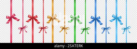 Bänder und Schleifen für Geschenkboxen realistische Vektor-Illustration Set. Festliche Ornamente aus glänzenden Satinbändern 3D-Elementen auf transparentem Hintergrund. Bänder und Schleifen für Geschenkboxen realistische Vektor-Illustration Set Stock Vektor