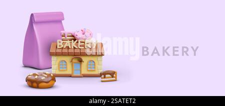 Lilafarbenes Poster mit Modell einer Bäckerei im Cartoon-Stil. 3D leckere Kuchen und Donuts. Leckere süße Produkte online bestellen. Vektorillustration mit Textstelle. Lilafarbenes Poster mit Modell einer Bäckerei im Cartoon-Stil. 3D leckere Kuchen und Donuts Stock Vektor