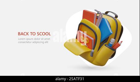 Realistischer offener Rucksack mit Briefpapier. Illustration im Cartoon-Stil. Zeit, Dinge für die Schule zu kaufen. Farbiges Poster für den Store. Herbstmesse mit Schulbedarf. Vorlage mit Text. Realistischer offener Rucksack mit Briefpapier. Illustration im Cartoon-Stil Stock Vektor