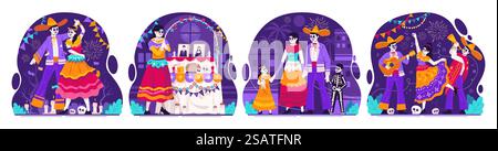 Illustrationsset von mexikanischem Tag der Toten, Dia de Los Muertos. Catrina tanzen und Mariachi-Musiker. Familie in traditionellen mexikanischen Kostümen Stock Vektor