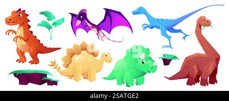 Niedliches Dinosaurier-Mega-Set mit Cartoon-Grafik. Bündeln Sie Elemente verschiedener Arten prähistorischer Dinos, Pflanzen, Bodenformen. Lustige antike Raubtiere. Vektorillustration isolierte Objekte Stock Vektor