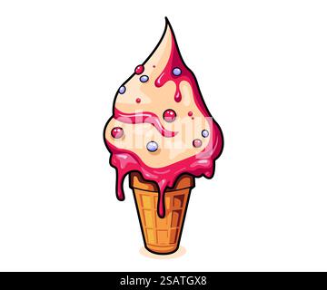 Süßes Eis schmelzende Kugeln im Waffelkegel isoliert auf dem Hintergrund. Vektorkontur Symbol, Etikett, Aufkleber. Comic-Charakter in Zeichentrickstil-Illustration für T-Shirt-Design.. Süßes Eis schmelzende Kugeln im Waffelkegel isoliert auf dem Hintergrund. Vektorkontur Symbol, Etikett, Aufkleber. Comicfigur in Zeichentrick-Illustration. Stock Vektor