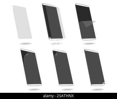 Weiße Schutzfolie für Smartphones auf dem Bildschirm mit verschiedenen Winkeln. Vektorabbildung. EPS 10. Keine Verläufe. Rohmaterialien sind einfach zu bearbeiten. Weiße Schutzfolie für Smartphones auf dem Bildschirm mit verschiedenen Winkeln Stock Vektor