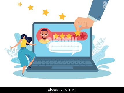 Qualitätsanalyse. Profilautorität, Expertenbewertung, winzige Frau und riesiger Laptop, goldene Sterne auf dem Bildschirm. Kundenzufriedenheit, Bewertung von Service, Bewertung und Feedback, Vektor-Cartoon-Flat-Konzept. Qualitätsanalyse. Profilautorität, Expertenbewertung, winzige Frau und riesiger Laptop, goldene Sterne. Kundenzufriedenheit, Bewertung von Service, Bewertung und Feedback, Vektor-Cartoon-Flat-Konzept Stock Vektor