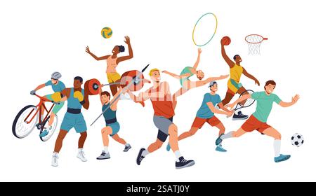 Athleten in verschiedenen Sommerdisziplinen Farbvektor-Symbol großes Set. Positive Sportlergruppe. Illustrierungspaket für Sportwettbewerbe auf weißem Hintergrund. Athleten in verschiedenen Disziplinen Farbvektor-Symbol großes Set Stock Vektor