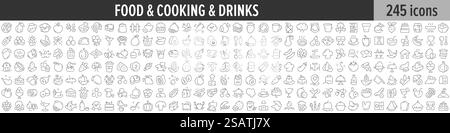 Lineare Icon-Kollektion für Speisen, Kochen und Getränke. Großes Set mit 245 Ikonen für Speisen, Kochen und Getränke. Sammlung dünner Linien. Vektorabbildung Stock Vektor