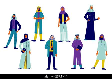 Arabische Leute in flachem Design für das Internet. Bündelung arabischer Männer und Frauen in traditioneller oder moderner Kleidung und Hijab, muslimische Geschäftsleute stehen und posieren. Vektorabbildung. Stock Vektor