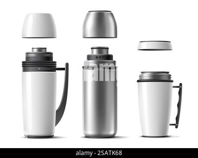 Thermoskanne zum Öffnen. Verschiedene Typen realistisch geöffnete Thermokolben mit drehbaren Becherverschlüssen, die die Getränketemperatur aufrechterhalten, Sport- und Reisebehälter für Heißgetränke, 3D-Objekte, Auslasser-Vektorset. Thermoskanne zum Öffnen. Verschiedene Arten realistisch geöffnete Thermokolben mit drehbaren Becherverschlüssen, die die Getränketemperatur aufrechterhalten, Reisebehälter für Heißgetränke, 3D-Objekte, Auslasser-Vektorset Stock Vektor