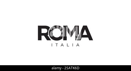 Roma im Italia-Emblem für Print und Web. Design mit geometrischem Stil, Vektorillustration mit auffälliger Typografie in moderner Schrift. Schriftzug mit grafischem Schriftzug auf weißem Hintergrund. Stock Vektor