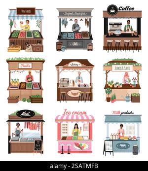 Verkaufsstand. Straßenmarktstände mit Produkten, lustigen Verkäufern, Gemüse und Obst, Fleisch, Milch und Eis, Kaffee und Blumen, Bäckerei und Meeresfrüchte, verschiedenen Speisen, aufgeräumten Vektor Cartoon Flat Stil Set. Verkaufsstand. Straßenmarktstände mit Produkten, lustigen Verkäufern, Gemüse und Obst, Fleisch, Milch und Eis, Kaffee und Blumen, Bäckerei und Meeresfrüchte, verschiedenen Speisen, aufgeräumten Vektor-Zeichentrickserien Stock Vektor