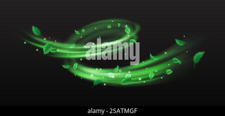 Grüne Blätter und funkelt wirbelnder Fluss des magischen Staubs realistische Vektorillustration. Mystische Naturkraft 3D-Element auf schwarzem Hintergrund Stock Vektor