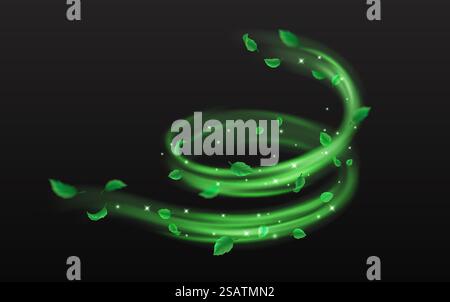 Grüne Blätter und funkelt wirbelnder Fluss des magischen Staubs realistische Vektorillustration. Mystische Naturkraft 3D-Element auf schwarzem Hintergrund Stock Vektor