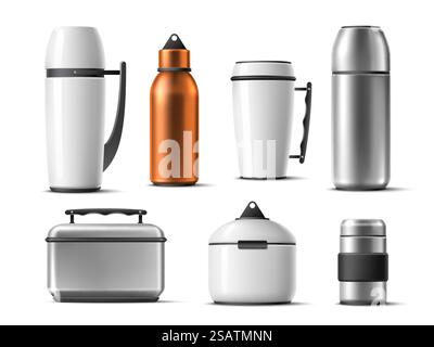 Realistische Thermoskanne. Isolierte 3D-Thermobecher, Flaschen und Lebensmittelbox, Kunststoff- und Metallflaschen, langlebige warme Getränke, Sport- und Reise-Edelstahl-Paket für Heißgetränke. Schnittvektorsatz. Realistische Thermoskanne. Isolierte 3D-Thermobecher, Flaschen und Lebensmittelbox, Kunststoff- und Metallkolben, langlebige warme Getränke, Sport- und Reisepaket für heiße Getränke. Schnittvektorsatz Stock Vektor