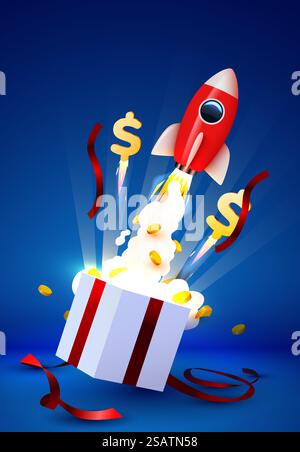 Geschenkbox mit Münzexplosion und Rakete öffnen. Big-Win-Konzept. Vektorabbildung. Geschenkbox mit Münzexplosion und Rakete öffnen. Big-Win-Konzept. Stock Vektor