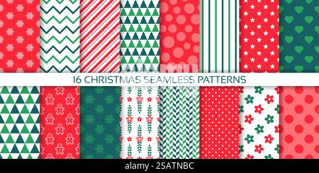 Weihnachtsmuster. Nahtloser Hintergrund. Weihnachtsdruck mit Baum, Zuckerrohrstreifen, Polka Dot, Zickzack, Stern... Nahtloser Weihnachtshintergrund. Set mit Weihnachtsmuster. Vektorabbildung. Stock Vektor