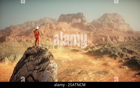 Astronaut auf einem Felsen. Fantasy- und Sci-fi-Konzept. Dies ist eine 3D-Darstellung. Stockfoto