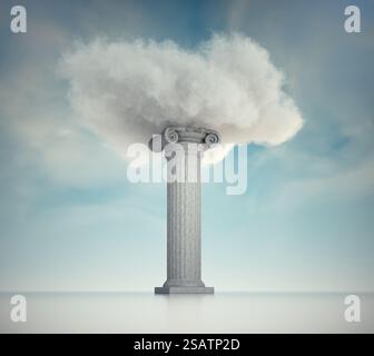 Wolke steht auf einer römischen Säule. Konzept eines hohen Bildungsniveaus. DIES IST EINE 3D-RENDERING-ABBILDUNG. Stockfoto