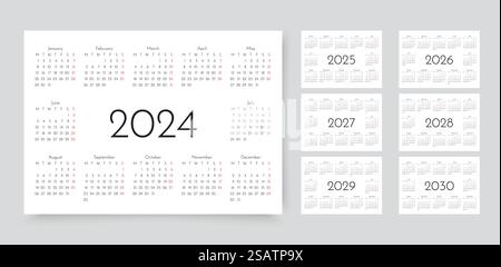 Kalender für 2024, 2025, 2026, 2027, 2028, 2029, 20230 Jahre. Vorlagen für Taschenwandkalender. Stock Vektor