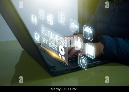 Betriebswirtschaftsethisches Verhalten und Manierkonzept. Ethik- und Compliance-Konzept. Ethische Investitionen, nachhaltige Entwicklung. Die effektive Compliance und Stockfoto