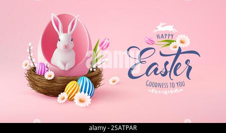 Osterplakat und Banner Vorlage mit Kaninchen in einem Ei und Ostereiern im Nest auf hellrosa Hintergrund. Grüße und Geschenke zum Ostertag. Werbeaktion und Einkaufsvorlage für Ostern Stock Vektor
