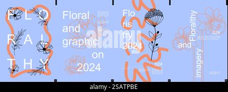 Modernes Banner mit floralem Design und minimalistischem Typografie-Design. Postervorlagen mit Blättern, Blumenzweigen, Pfingstrosen- und Narzissensilhouetten, abstrakten Wellenlinien, Textelementen. Vektorabbildung. Stock Vektor