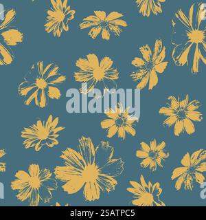 Nahtloses Muster mit gelben Gänseblümchen-Blumenstempeln auf blauem Hintergrund Stock Vektor
