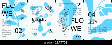 Modernes Banner mit floralem Design und minimalistischem Typografie-Design. Postervorlagen mit Blättern und Zweigen Silhouetten, abstrakten geometrischen Formen und flüssigen Formen, Textelementen. Vektorabbildung. Stock Vektor