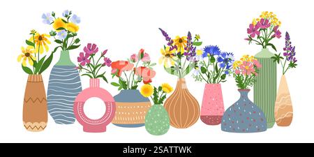 Keramikvasen mit Blumen. Innen florale Töpferwaren mit Gartensträußen, verschiedene zeitgenössische Formen, handgefertigte Porzellanflaschen mit Pflanzen, modernes gemütliches Dekor Vektor handgezeichnetes horizontales Konzept. Keramikvasen mit Blumen. Im Inneren geblümte Töpferwaren mit Gartensträußen, verschiedene zeitgenössische Formen, handgefertigte Porzellanflaschen mit Pflanzen, modernes gemütliches Dekor, Vektor-horizontales Konzept Stock Vektor
