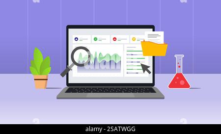 Datenvisualisierung der E-Commerce-Marktforschung am Laptop. Vektorillustration mit violettem Hintergrund Stock Vektor