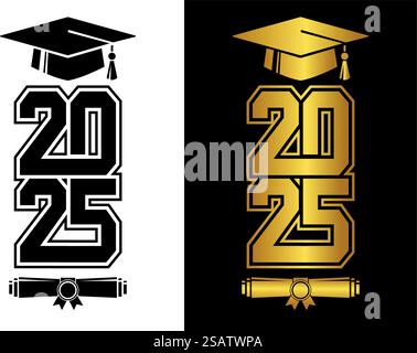 Abschlussklasse 2025 für Gruß, Einladungskarte. Text für Abschlussdesign, Glückwunschveranstaltung, T-Shirt, Party, Highschool oder College Gradu Stock Vektor