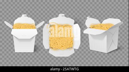 Wok-Box mit Nudeln. Realistische Papppasta Behälter, verschiedene Winkel, von oben und von der Seite, weiße Papierverpackung, chinesische Street Food, leere Verpackung, äußerer Vektor auf transparentem Hintergrund Set. Wok-Box mit Nudeln. Realistische Papppasta Behälter, verschiedene Winkel, von oben und von der Seite, weiße Papierverpackung, chinesische Street Food, leere Verpackung, utter Vektor Set Stock Vektor