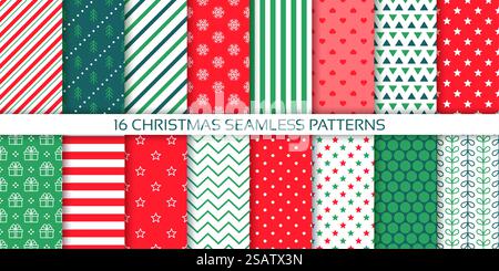 Weihnachtsmuster. Nahtlose Hintergründe. Neujahrsdruck am Weihnachtsfest. Texturen festlegen. Rot-grünes Geschenkpapier Stock Vektor