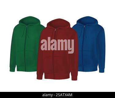 Weißes grünes, rotes, blaues Herren Hoodie Sweatshirt Langarm. Kapuzenpullover mit Kapuze, Vorderansicht. Vektorvorlage Sport Winterkleidung für Design Modell, Druck, isoliert auf weißem Hintergrund Stock Vektor