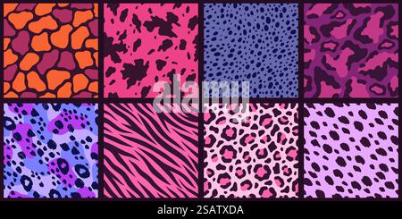Sehr peri Muster. Moderne Farben Tierfell und Leder nahtlose Drucke, natürliche Säugetiertexturen, rosa und lila Schema, Zebra jaguar und Tiger Hintergrund, Giraffe und Kuh Verpackung aufgeräumtes Vektor Set. Sehr peri Muster. Moderne Farben Tierfell und Leder nahtlose Prints, natürliche Säugetiertexturen, rosa und lila Muster, Zebra jaguar und Tiger, Giraffe und Kuh Verpackung aufgeräumtes Vektor-Set Stock Vektor