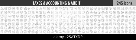 Lineare Symbolerfassung für Steuern, Buchhaltung und Audit. Große Auswahl an Symbolen für Steuern, Buchhaltung und Audit 245. Sammlung dünner Linien. Vektorabbildung Stock Vektor
