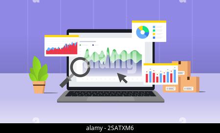 Illustration des E-Commerce-Marktes. Statistische und Datenanalyse für das Investitionskonzept von Unternehmensfinanzierungen. Vektorillustration mit violettem Hintergrund Stock Vektor