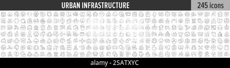 Lineare Symbolsammlung für Urban Infrastructure. Große Auswahl an 245 Symbolen für die städtische Infrastruktur. Sammlung dünner Linien. Vektorabbildung Stock Vektor