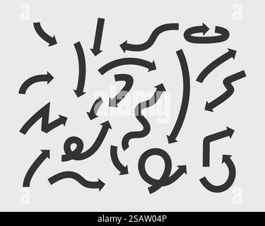 Sammlung Pfeile vector Hintergrund schwarz und weiße Symbole. Verschiedene Pfeil Icon Set Kreis, Hoch, Curly, gerade und nicht verdreht werden. Designelemente. Stock Vektor