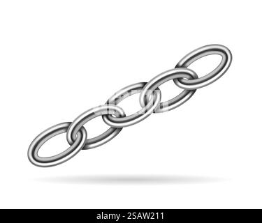 Realistische Metallkette. Silberfarbene Ketten verbinden sich isoliert auf weißem Hintergrund. Stabiles dreidimensionales Konstruktionselement aus Eisenkette. Realistische Metallkette. Silberfarbene Ketten verbinden sich isoliert auf weißem Hintergrund. Stabiles dreidimensionales Konstruktionselement aus Eisenkette. Stock Vektor