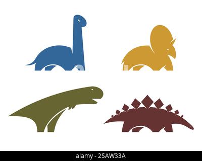 Legen Sie das Designelement des Dinosaurier-Vektor-Logos fest. Jurassic Park World. Kollektion Dinosaurier Silhouette isoliert auf weißem Hintergrund. Dino Icons Website-Vorlage. Stock Vektor