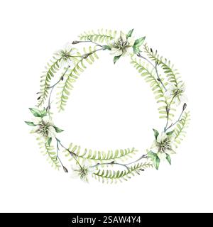 Aquarellkranz aus Farnblättern, Zweigen, Zweigen und weißen Blüten. Stockfoto