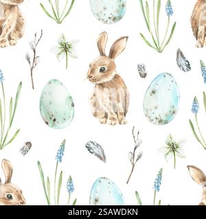 Nahtloses Ostermuster mit Kaninchen, Eiern, Federn, Muscari, Hellebloor Blüten, weidenzweige Stockfoto