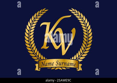 Anfangsbuchstaben K und V, KV-Monogramm-Logo mit Lorbeerkranz. Luxuriöses goldenes Emblem mit Kalligraphie-Schriftart. Stock Vektor