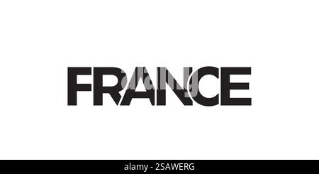 Frankreich Emblem für Print und Web. Design mit geometrischem Stil, Vektorillustration mit auffälliger Typografie in moderner Schrift. Schriftzug mit grafischem Schriftzug auf weißem Hintergrund. Stock Vektor