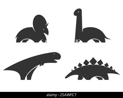 Designelement mit Dinosaurier-Vektor-Logo. Jurassic Park World. Legen Sie die Silhouette der Dinosaurier auf weißem Hintergrund isoliert fest. Websitevorlage für Sammlung von Dino-Symbolen. Stock Vektor