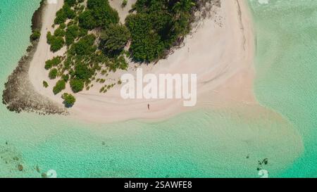 Kristallklares türkisfarbenes Wasser, das sanft an einem unberührten rosafarbenen Sandstrand liegt, während eine Frau entlang der malerischen Küste einer abgeschiedenen tropischen Insel in französisch-polynesien spaziert Stockfoto