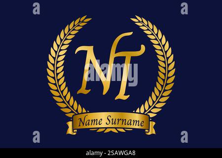 Anfangsbuchstaben N und T, NT-Monogramm-Logo mit Lorbeerkranz. Luxuriöses goldenes Emblem mit Kalligraphie-Schriftart. Stock Vektor