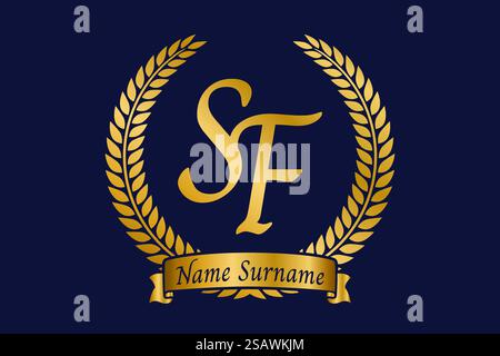 Anfangsbuchstaben S und F, SF-Monogramm-Logo mit Lorbeerkranz. Luxuriöses goldenes Emblem mit Kalligraphie-Schriftart. Stock Vektor