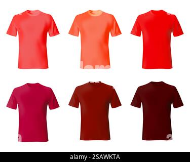 T-Shirt-Design-Vorlage. Set Herren Hemden rot Farbe. Realistisches Modell Thirt Modell männliche Mode Vektor.. T-Shirt-Design-Vorlage. Set Herren Hemden rot Farbe. Realistisches Modell-T-Shirt-Modell für Herren. Stock Vektor